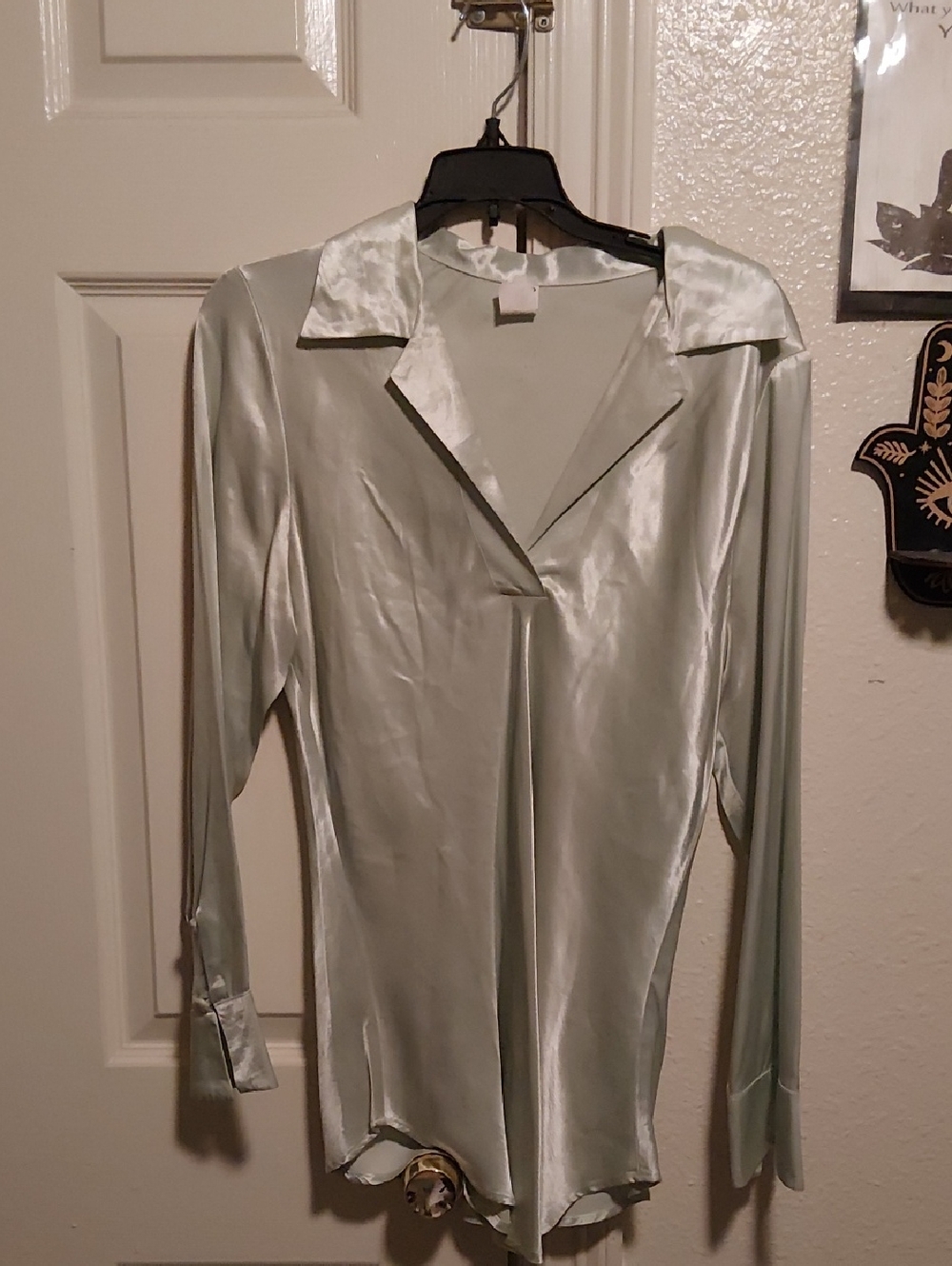 Satin Long Sleeve Button-Front Blouse in Pale Sage